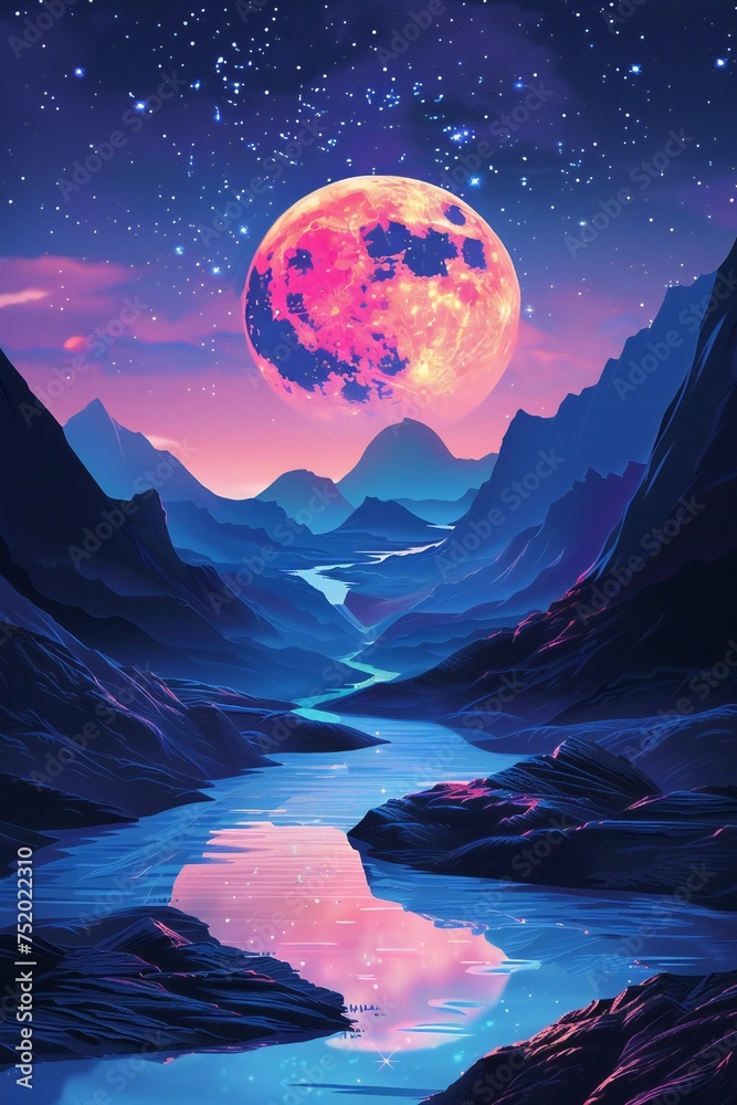 Retro futuristic landscape with blue river, dark mountains and moon Generative Ai Retro futuristic landscape with blue river, dark mountains and moon Generative Ai