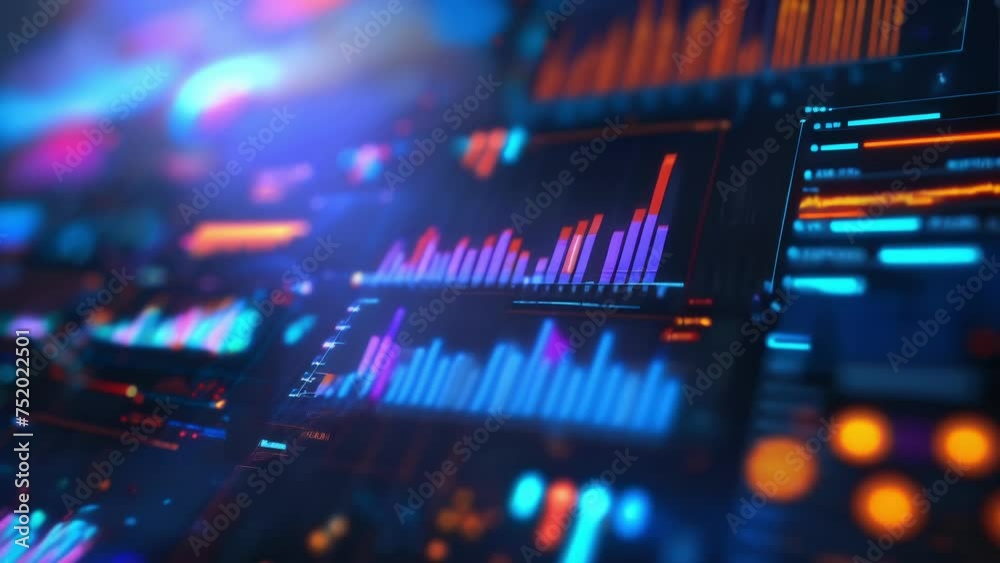 A group of holographic charts and graphs displaying realtime financial data and allowing users to make informed decisions when managing their accounts.