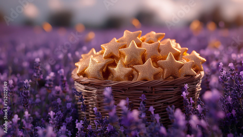 Wicker basket with gold stars in a lavender field