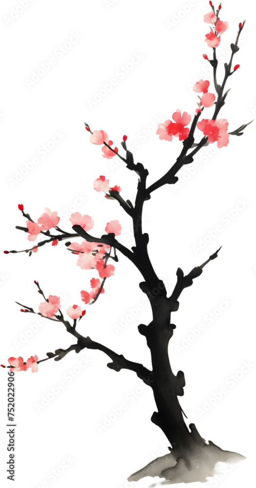 Cherry blossom flower branch, drawing of a Cherry blossom flower branch using the Japanese brushstroke technique.