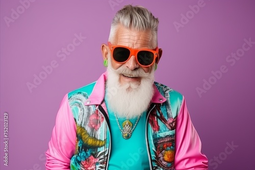 Portrait of a stylish senior man with white beard wearing pink jacket and sunglasses
