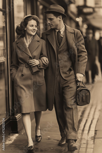 Street photography of people in the 1940s style, wartime fashion, resilience and daily life, sepia tone