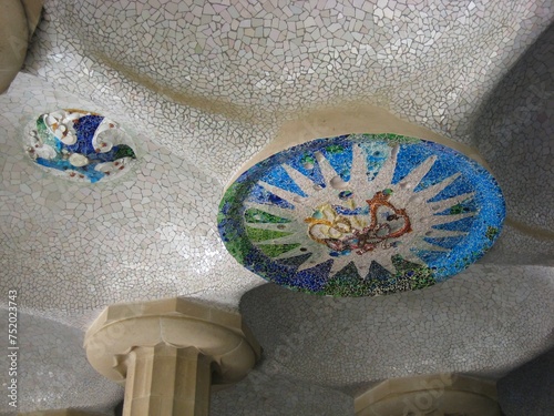 Mosaic on the ceiling of the Hypostyle Hall, aka Hall of the Hundred Columns in Park Guell, Barcelona, Catalonia, Spain