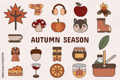 Autumn Season Lineal Color Vector Illustration Icon Sticker Set Design Materials