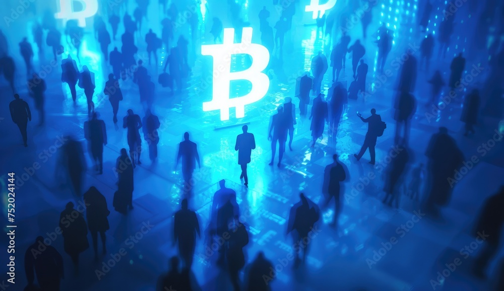 Fototapeta premium Business people executives stand in front of a bitcoin logo.