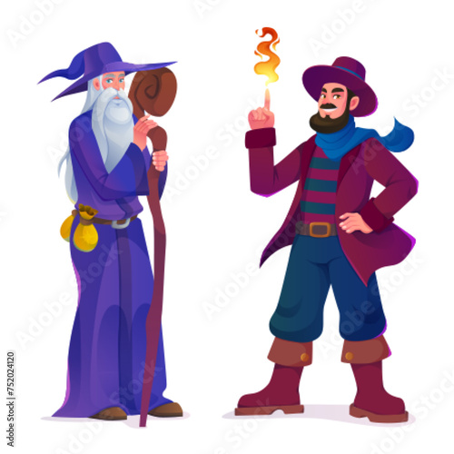 Medieval wizard and magician characters isolated on white background. Vector cartoon illustration of old bearded wise man with wooden staff, young trickster showing tricks with fire, fairytale design