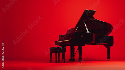 A sleek black grand piano positioned against a dramatic red backdrop, its keys poised for virtuosic performances that evoke passion and intensity with every note.
