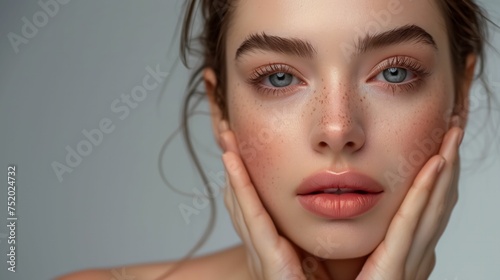 Glowing skin beauty, healthy skin portrait, confident woman touching face. Skincare routine results, natural beauty with healthy complexion.