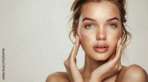 Glowing skin beauty  healthy skin portrait  confident woman touching face. Skincare routine results  natural beauty with healthy complexion.
