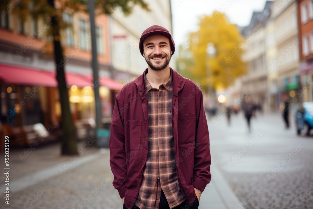 Portrait of a young man in a cap walking in the city Portrait of a young man in a cap walking in the city