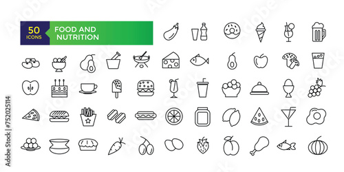 Food & Nutrition line icons related to wellness, wellbeing, mental health, healthcare, cosmetics, spa, medical. Outline icon collection.Vector illustration.