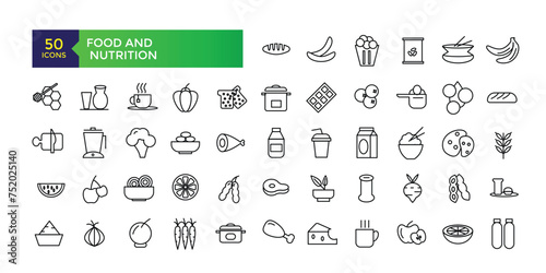 Food & Nutrition line icons related to wellness, wellbeing, mental health, healthcare, cosmetics, spa, medical. Outline icon collection.Vector illustration.