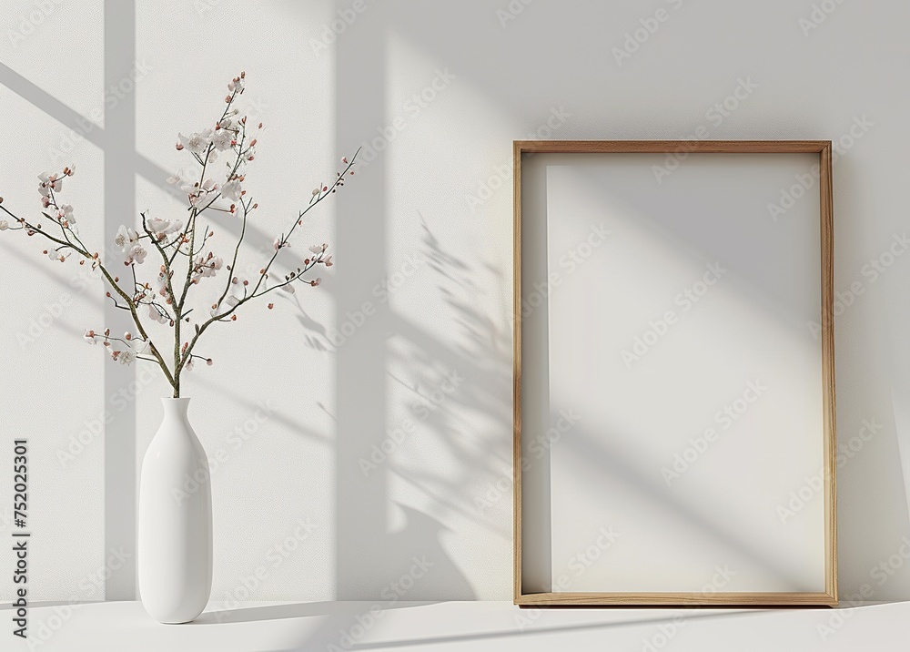 white poster with bud vase in a wooden frame inside a white corner white poster with bud vase in a wooden frame inside a white corner