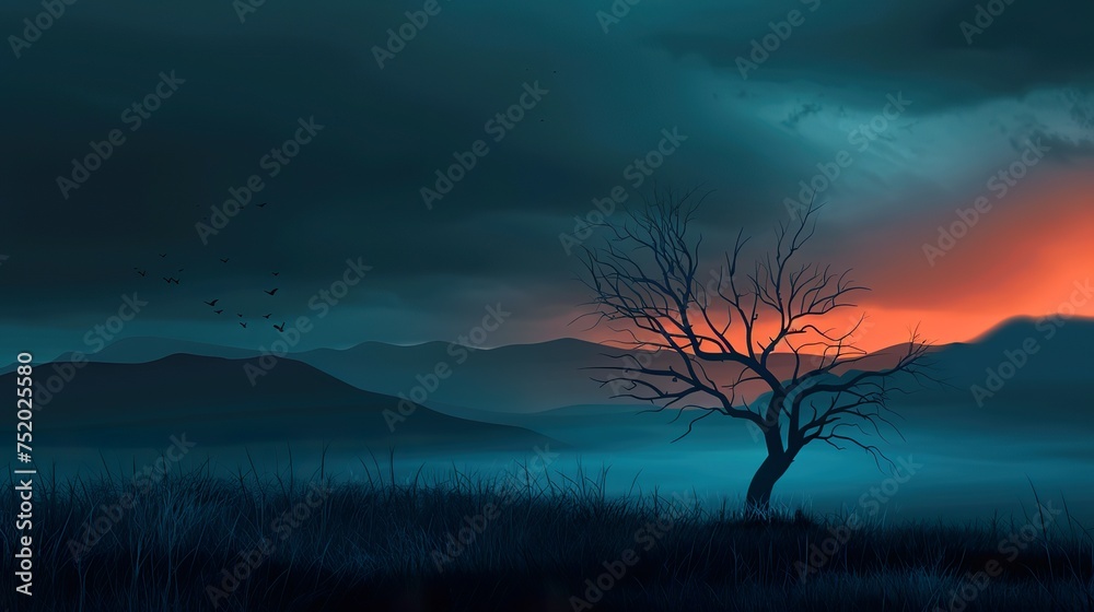 Tree in empty dark flat grass land with storm, the tree is slowly burning down, mountains in the distance, flat, cold colors, nighttime, blue colors Tree in empty dark flat grass land with storm, the tree is slowly burning down, mountains in the distance, flat, cold colors, nighttime, blue colors