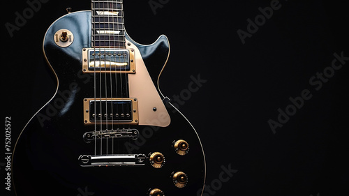 A sleek electric guitar against a solid black background, its polished body reflecting subtle glimmers of light, evoking the essence of rock 'n' roll. photo