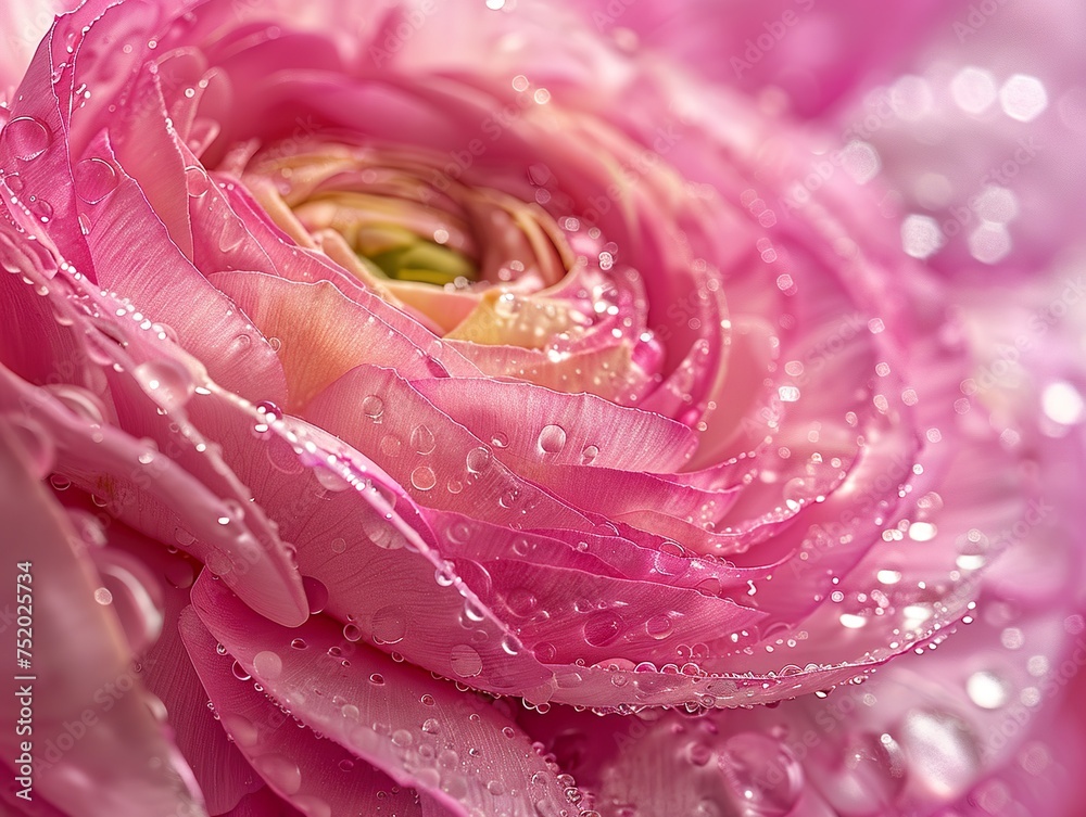 a macro, close up shot of a pink ranunculus, with water glistening, fill the frame