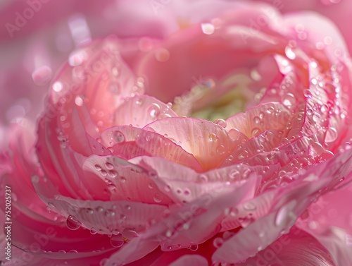 a macro, close up shot of a pink ranunculus, with water glistening, fill the frame