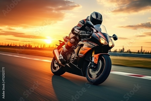Motorcycle rider rides on a race track at sunset. Motion blur, Motorcycle rider on sport bike rides fast on race track at sunset. Extreme athlete Sport Motorcycles Racing, Ai generated © Tanu