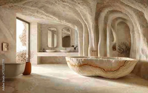 Luxurious cave bathroom interior with natural stone bathtub and elegant design.