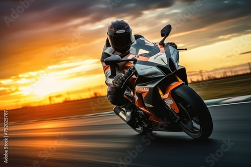 Motorcycle rider rides on a race track at sunset. Motion blur, Motorcycle rider on sport bike rides fast on race track at sunset. Extreme athlete Sport Motorcycles Racing, Ai generated © Tanu