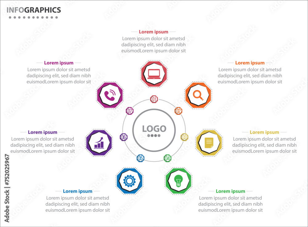 Circle infographic template with 7 options for presentations. Vector infographic design template. diagram, number options. Data visualization. Business concept with 7 steps, seven process. Circle infographic template with 7 options for presentations. Vector infographic design template. diagram, number options. Data visualization. Business concept with 7 steps, seven process.