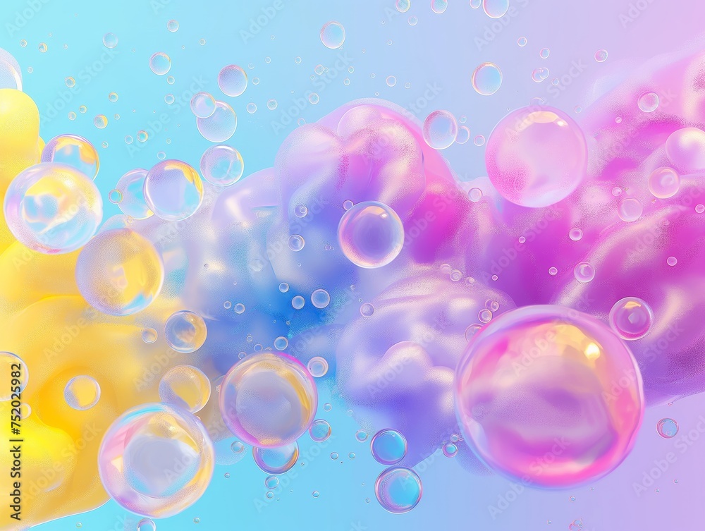 A vibrant display of translucent soap bubbles floating over a pastel gradient backdrop.