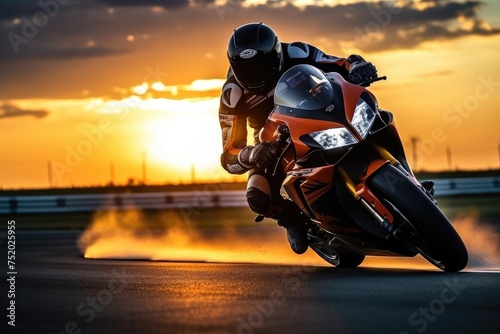 Motorcycle rider rides on a race track at sunset.,Ai generated © Tanu