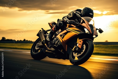 Motorcycle rider rides on a race track at sunset.,Ai generated © Tanu