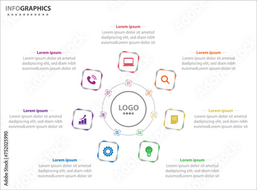 Circle infographic template with 7 options for presentations. Vector infographic design template. diagram, number options. Data visualization. Business concept with 7 steps, seven process.