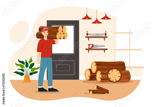 Timber Vector Illustration with Man Chopping Wood and Tree with Lumberjack Work Equipment Machinery or Chainsaw at Forest in Flat Cartoon Background