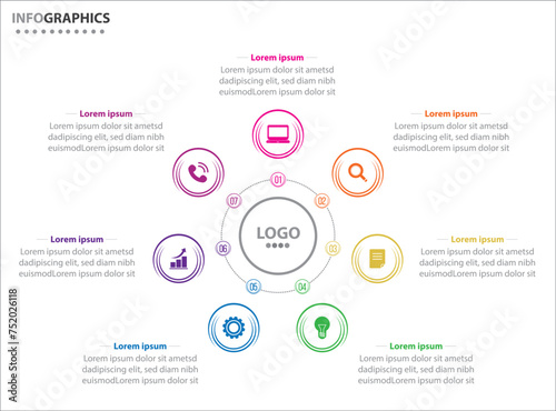 Circle infographic template with 7 options for presentations. Vector infographic design template. diagram, number options. Data visualization. Business concept with 7 steps, seven process. © Aniket