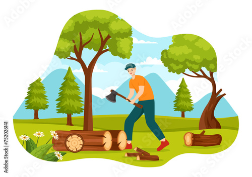 Timber Vector Illustration with Man Chopping Wood and Tree with Lumberjack Work Equipment Machinery or Chainsaw at Forest in Flat Cartoon Background