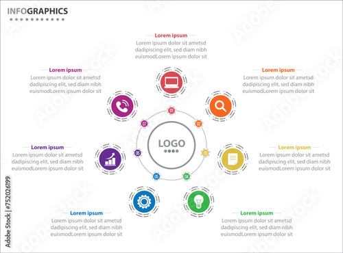 Circle infographic template with 7 options for presentations. Vector infographic design template. diagram, number options. Data visualization. Business concept with 7 steps, seven process.