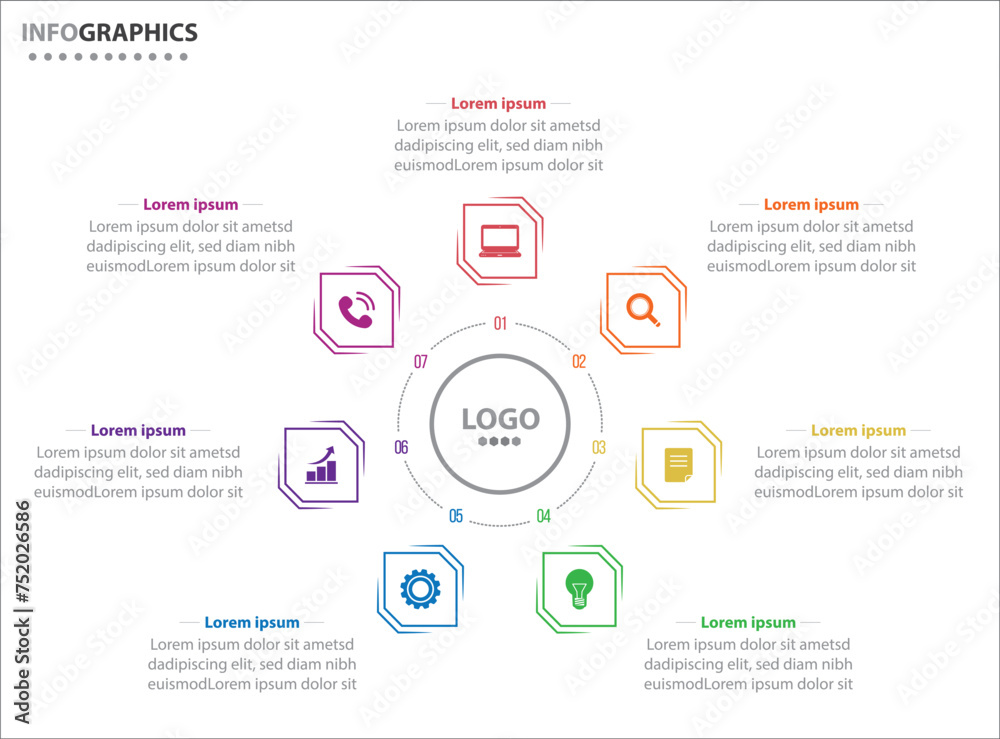 Circle infographic template with 7 options for presentations. Vector infographic design template. diagram, number options. Data visualization. Business concept with 7 steps, seven process.