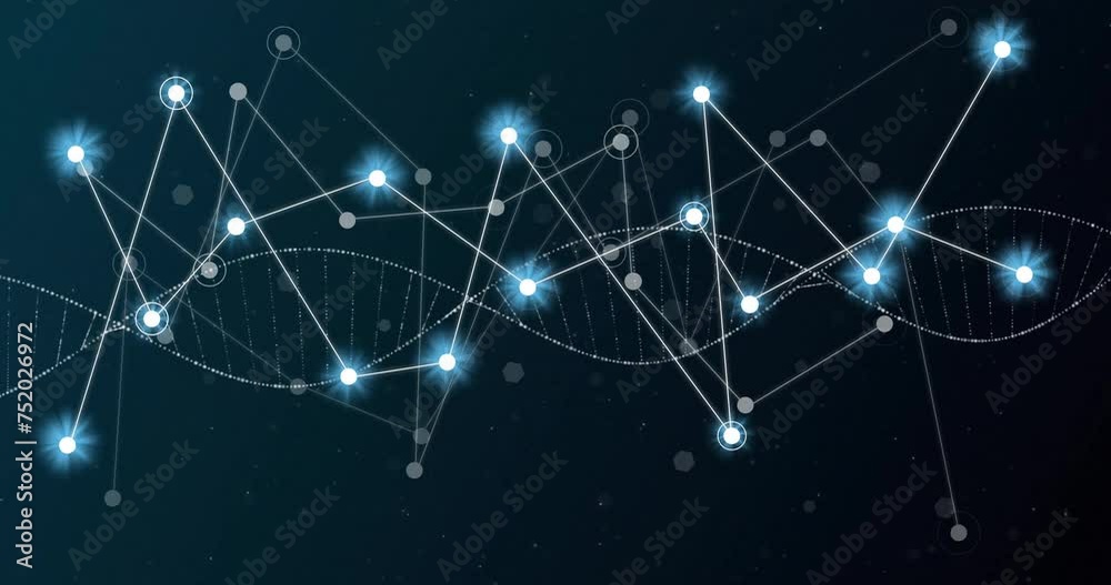Animation of glowing white network of connections over dna strand on black background
