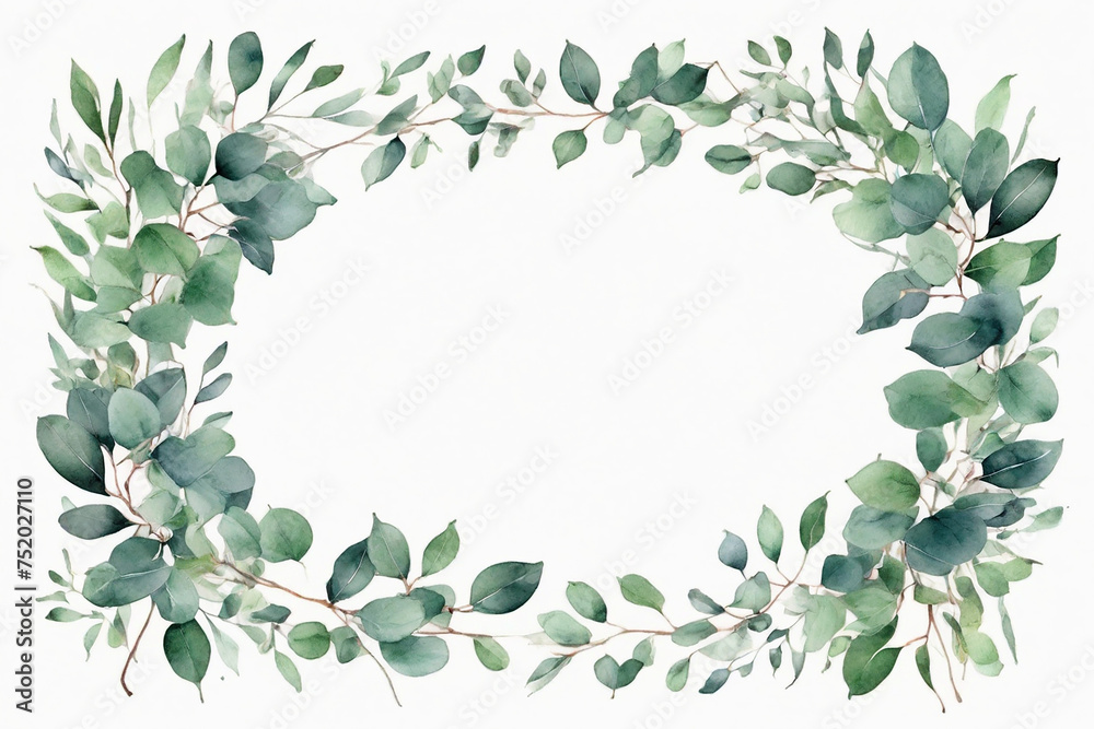 Watercolor floral frame with eucalyptus branches and green leaves.