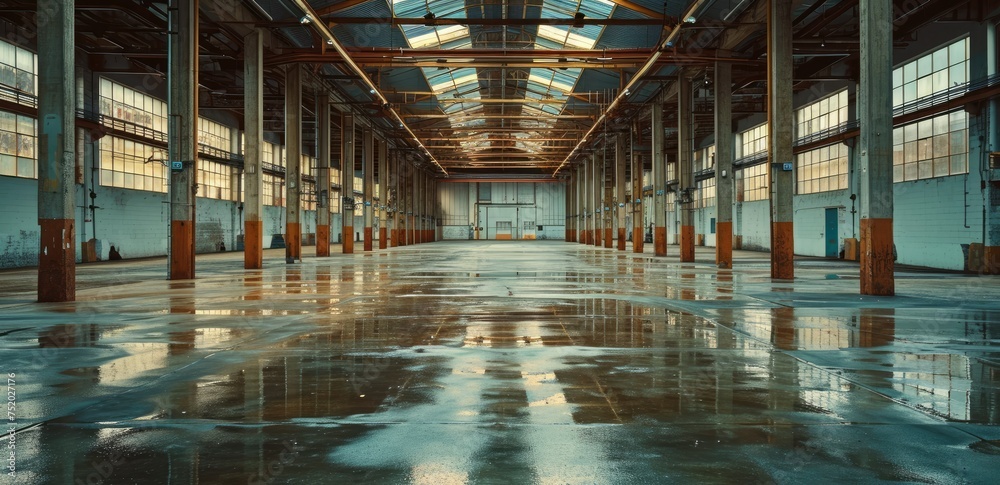 Spacious empty industrial warehouse interior with glossy floor and large windows casting natural light.