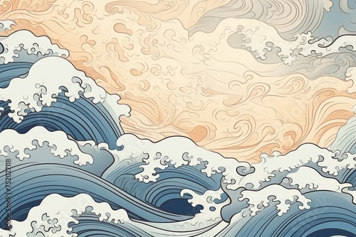 Vintage-style background with Japanese-inspired drawing, featuring oriental natural patterns of waves in a harmonious composition, Generative AI © ManusiaIkan