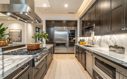 Modern kitchen interior with stainless steel appliances, dark wood cabinets, and granite countertops.