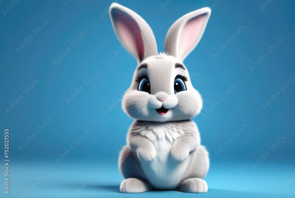 Cute white easter bunny sitting on blue background