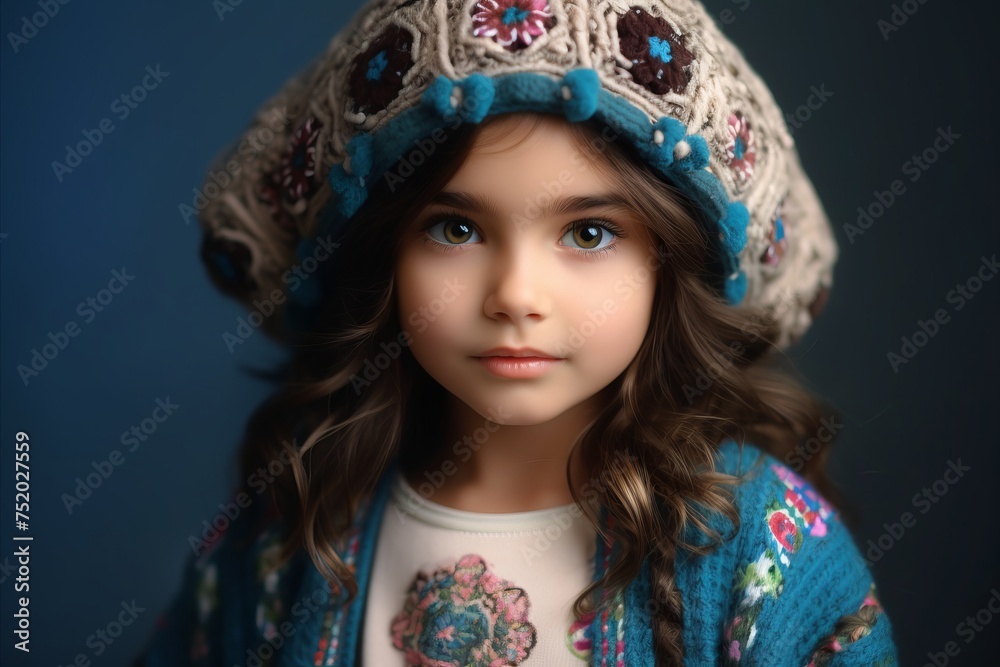 Portrait of a beautiful little girl in a warm knitted hat.