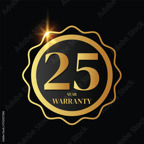 25 year warranty logo with golden shield and golden ribbon.Vector illustration.