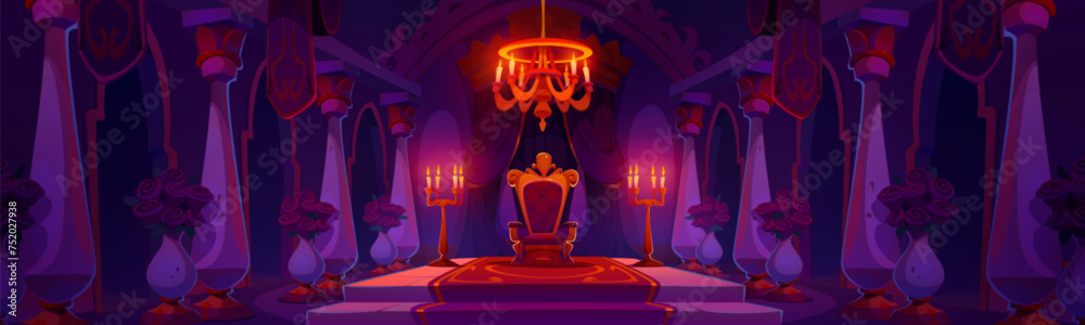Castle hall room with king throne at night. Cartoon kingdom interior with royal red and gold seat on pedestal, carpet and curtain, stone columns and chandelier, candles in holder and roses in vases. - obrazy, fototapety, plakaty 