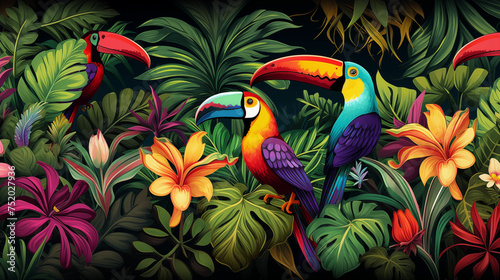 Vibrant birds in jungle painting. Generative AI © MakeVector