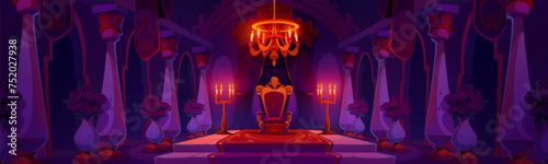 Castle hall room with king throne at night. Cartoon kingdom interior with royal red and gold seat on pedestal, carpet and curtain, stone columns and chandelier, candles in holder and roses in vases.