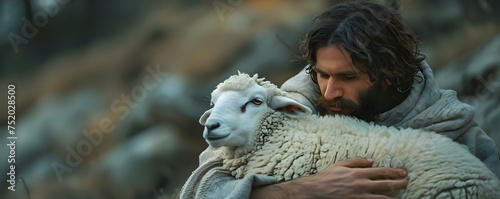 Man in religious attire tenderly holds sheep in peaceful setting. Concept Religious, Man, Sheep, Peaceful Setting, Tender