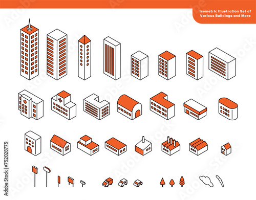 色々な建物など街並みのアイソメイラストセット