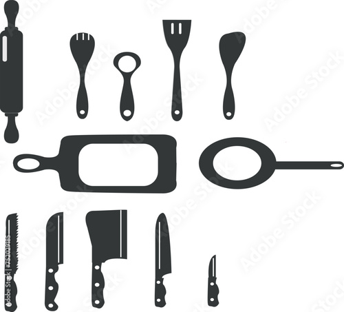 In the realm of vector art, kitchen utensils take on a sleek and modern form. Lines curve elegantly to define the contours of a chef's knife, while geometric shapes compose the structure of measuring 