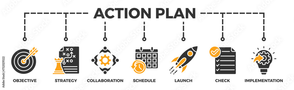 Action plan banner web icon vector illustration concept with icon of objective, strategy, collaboration, schedule, act, launch, check, and implementation Action plan banner web icon vector illustration concept with icon of objective, strategy, collaboration, schedule, act, launch, check, and implementation