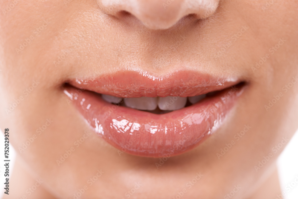 Naklejka premium Closeup, mouth and shine with woman for beauty, makeup with gloss or oil for hydration and wellness. Lip care, cosmetics and teeth for dental health, treatment and moisturizing lips for dermatology